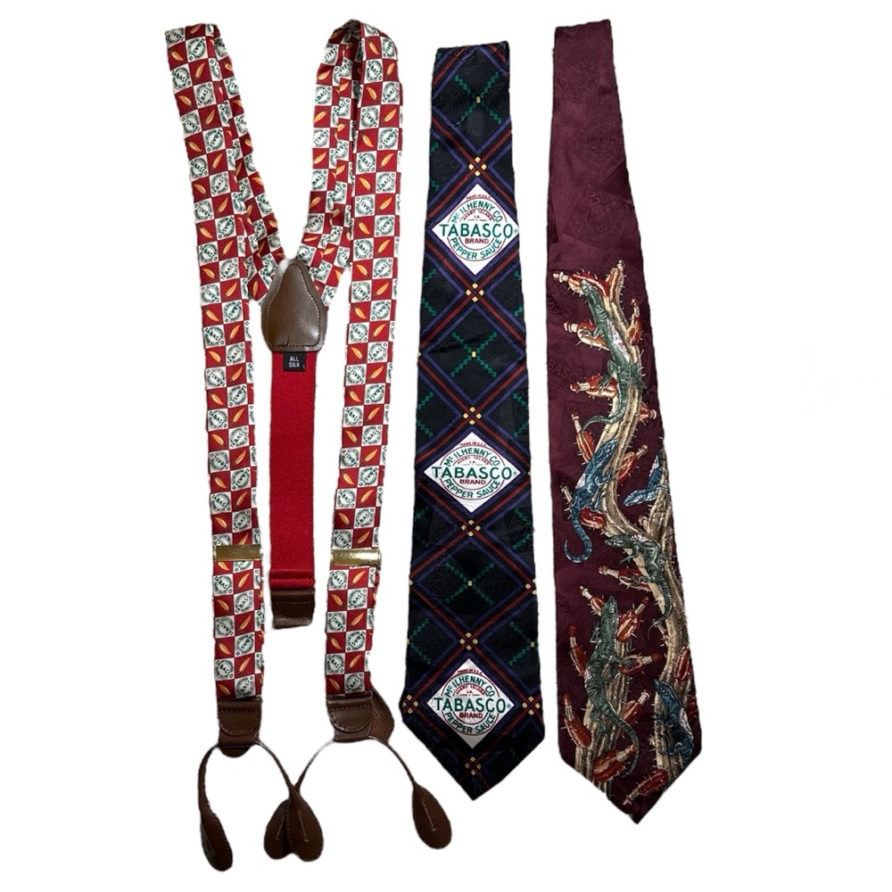 Tabasco Vintage 100% Silk Suspenders & 2 Tie Bundle - Men’s OS- Collector Set!